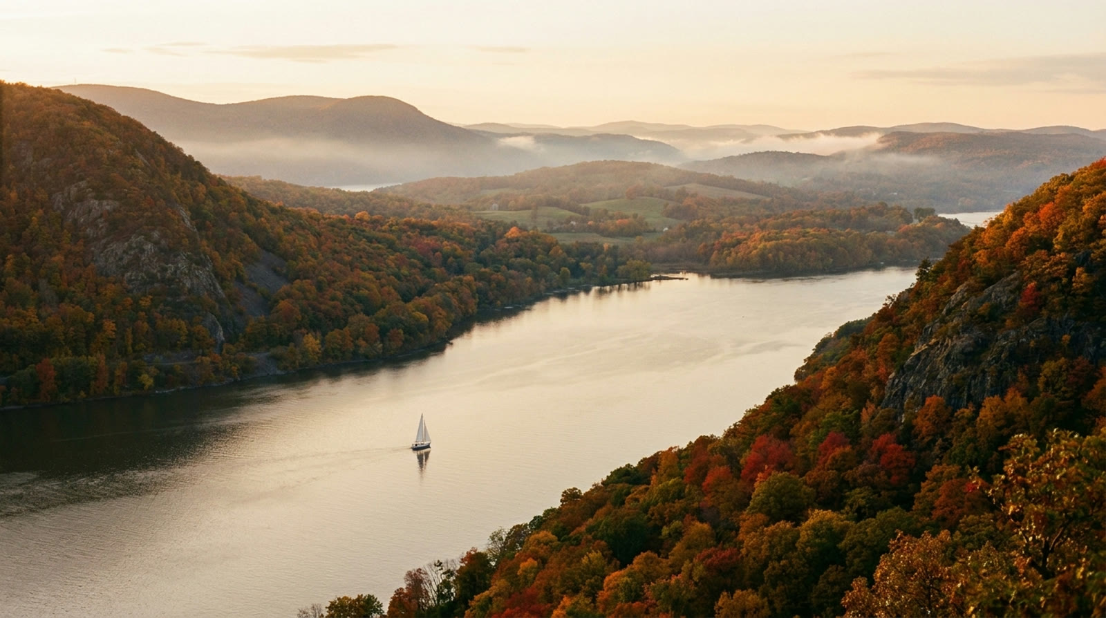 The Hudson Valley in the mist, a red barn among vineyards at first light